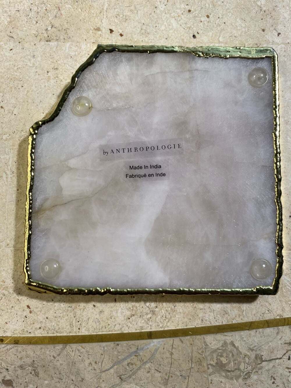 Anthropologie White Quartz Stone Coaster with Gold Gilded Edge